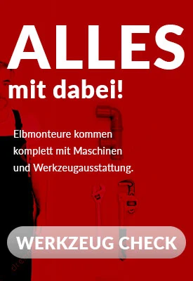 Ein rotes Poster mit dem Text ALLES mit dabei! Elbmonteure kommen komplett mit Maschinen und Werkzeugausstattung. Unten finden Sie eine Schaltfläche mit der Aufschrift WERKZEUG CHECK und ein Bild von Sanitärwerkzeugen.