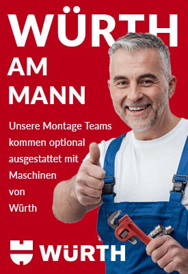 Ein lächelnder Mann mit grauem Haar und Bart trägt einen blauen Overall und hält einen roten Schraubenschlüssel in der Hand. Auf dem roten Hintergrund ist weißer Text zu sehen, der für die Montageteams und Werkzeuge von Würth wirbt.